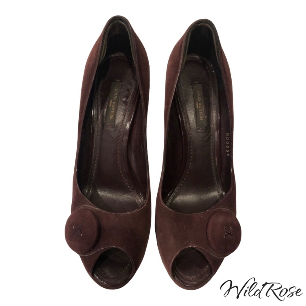 LOUIS VUITTON Aubergine Purple Suede Chelsea Peep-Toe Pumps Size 36.5 - Picture 4 of 16